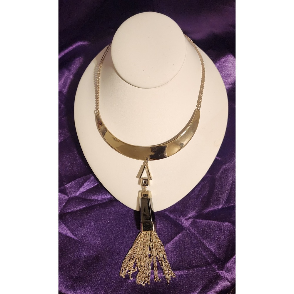 White House Black Market Gold Tone Crescent Collar Tassel Statement Necklace
